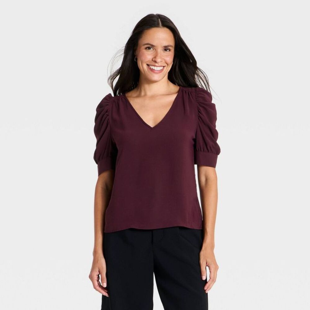 Women's Short Sleeve Draped V-Neck Top - A New Day Burgundy M